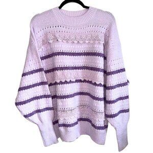 Purple Fringe Chunky Knit Lace Sweater Striped Ribbed Oversized